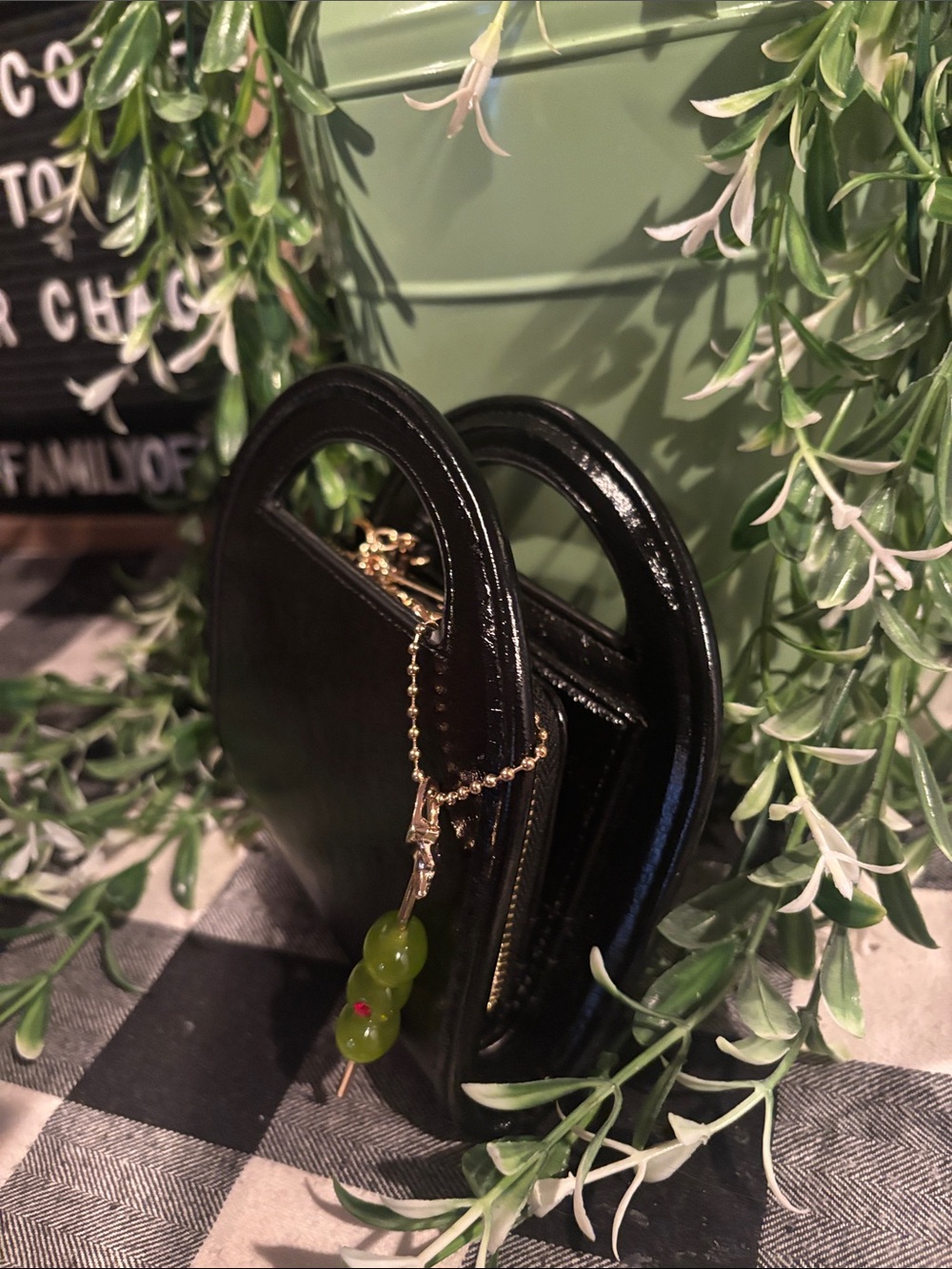 Black Mini Leather Arch Handle Clutch with Gold Chain and Green Beaded Charm - Picture 6 of 6